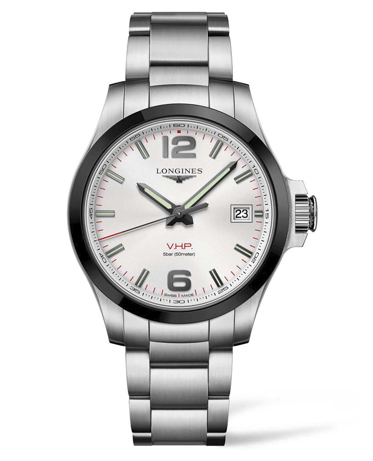 Longines Longines Conquest V.H.P. L3.719.4.76.6  L37194766 кварцевые мужские часы серебристый циферблат, браслет нержавеющая сталь — вид спереди